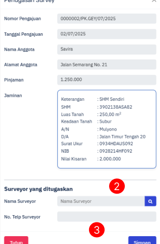 Halaman Modal Penugasan Survey