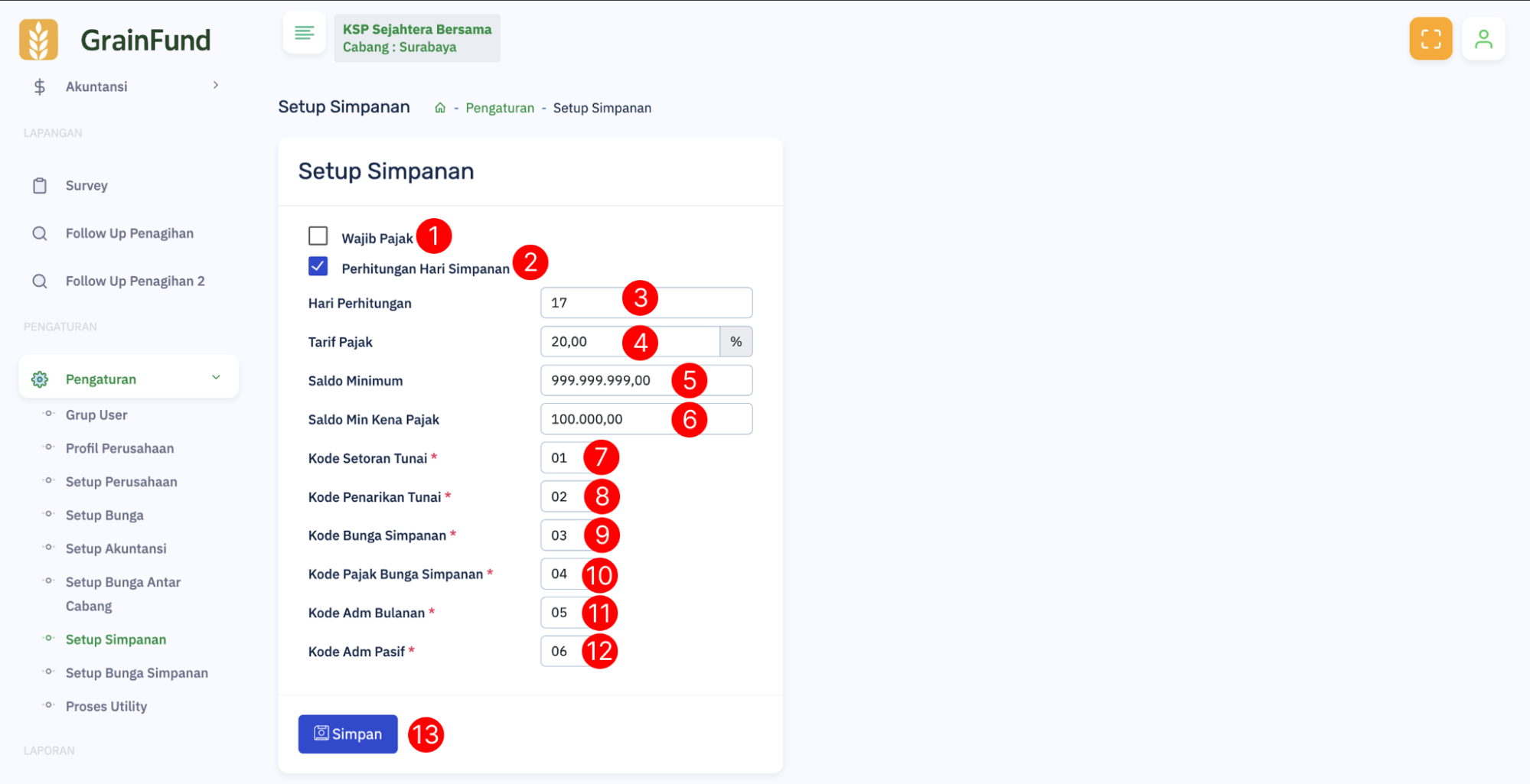 Halaman Setup Simpanan 0
